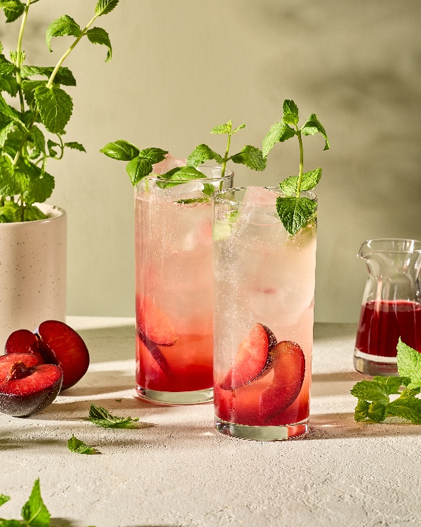 Deux grands verres remplis de boisson pétillante à la prune et aux herbes fraîches garnis de feuilles de menthe et de basilic. À la base, une couche de fruit rouge foncé et, pour le reste, une boisson pétillante légèrement colorée. Autour des verres se trouvent des branches de menthe fraîche, des moitiés de prunes, un pot blanc avec un plant de menthe et un petit pichet en verre rempli de sirop d’un rouge profond. Le tout est disposé sur une surface claire et texturée baignée d’une lumière naturelle