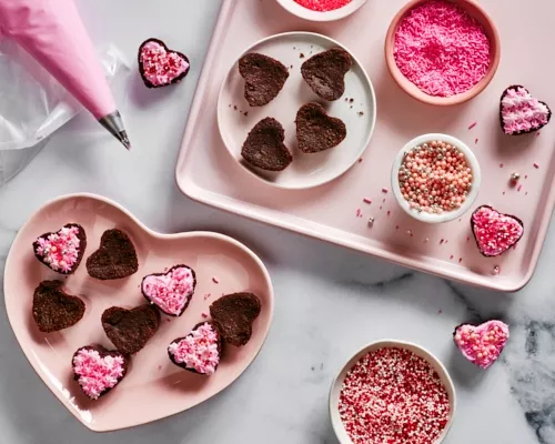 Bouchées de brownies double-chocolat en forme de cœur sur un comptoir en marbre