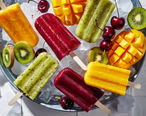 Une variété de paletas de fruits congelés dans un seau de glace, servis avec des kiwis, des cerises et des mangues.