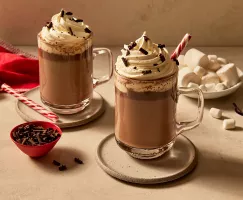 Deux tasses en verre de chocolat chaud à la vanille, garnies de crème fouettée et agrémentées de chocolat râpé et de bâtons de bonbon, reposant sur des soucoupes et accompagnées de guimauves, de chocolat râpé et de gousses de vanille