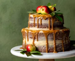 Sur fond vert, gâteau nu étagé aux pommes et épices sur un présentoir à gâteau avec des pommes