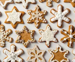 Biscuits au mélange à pain d’épices en forme d’étoiles et de flocons de neige, décorés de glaçage royal et de confettis